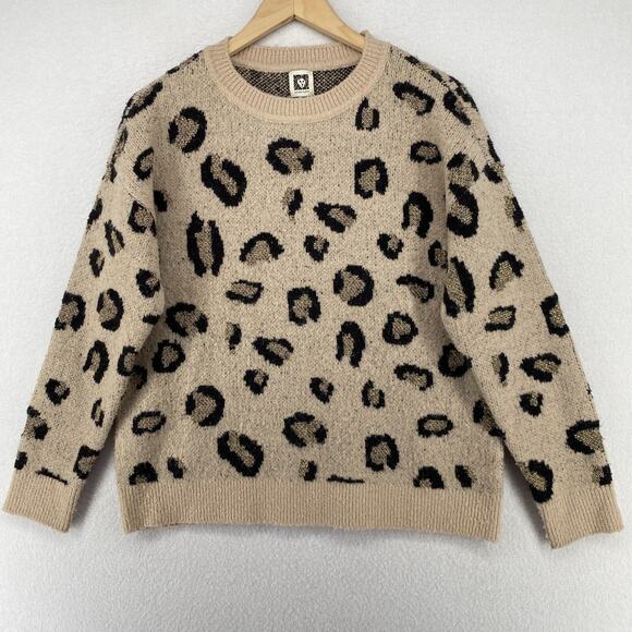ANNE KLEIN Sweater M Cheetah Metallic Fuzzy Leopard Stretch Jumper Beige - Picture 1 of 11